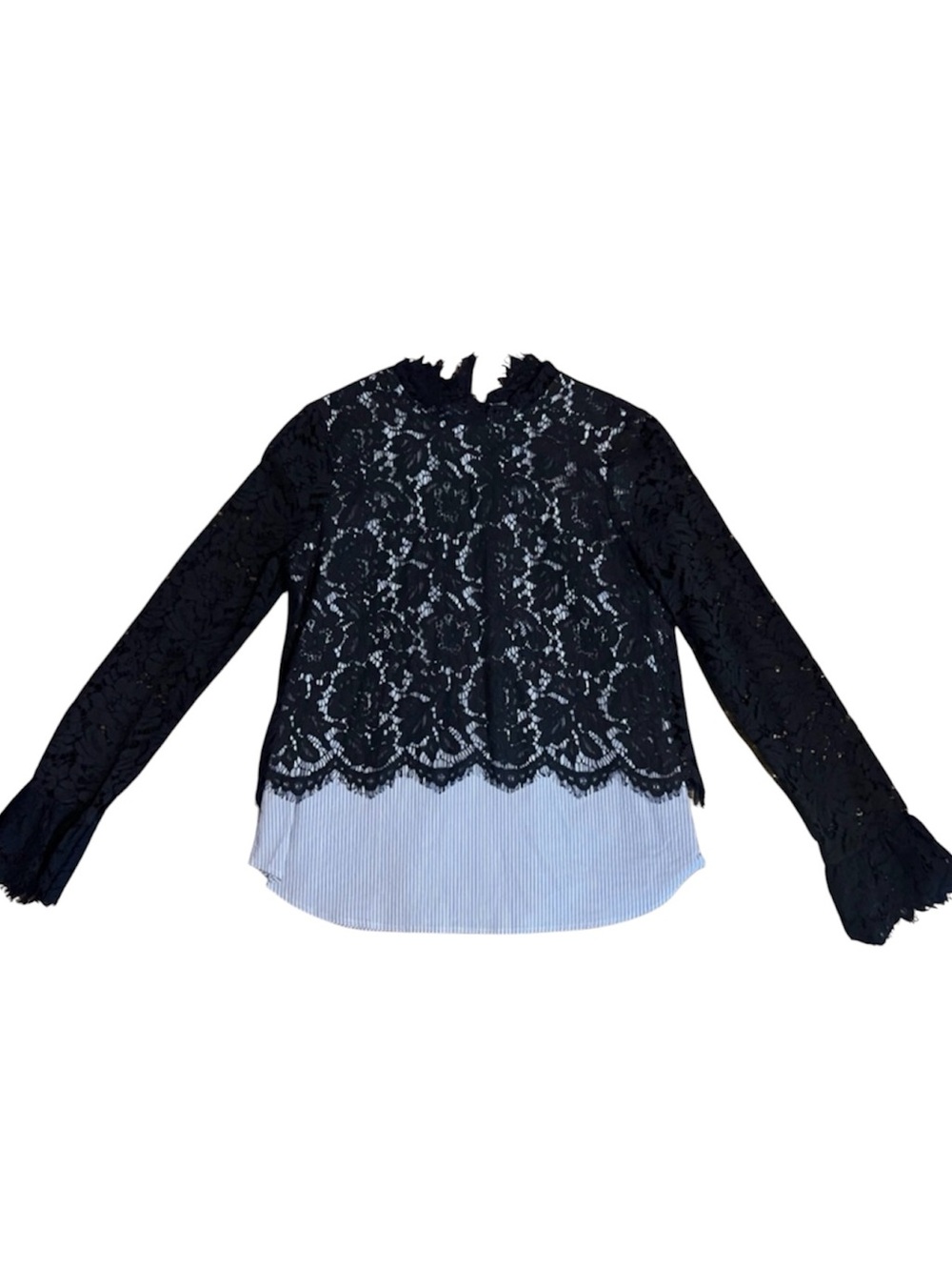 Sugarlips Black Lace Overlay Top with Blue & White Striped Lining